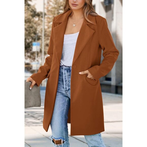 Women's Brown Fall Long Sleeve Lapel Pockets Loose Fit Casual Blazers Outerwear - Picture 5 of 9